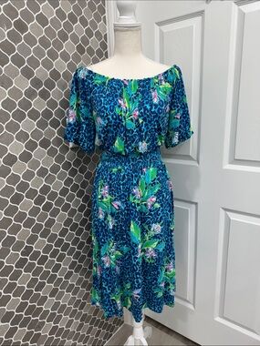 lilly pulitzer jennie midi dress Lilly Pulitzer Women's Jennie Off-The-Shoulder Midi Dress (Iris Blue High Manetenance) (Size XXS)